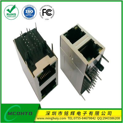 双层2*1 RJ45Jack 集成10\100M百兆滤波器 带灯带弹片 竖排脚