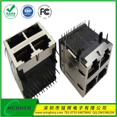 双层2*2 RJ45Jack 集成10\100\1000BASE滤波器 无灯带弹片 RJ45Jack 竖排脚
